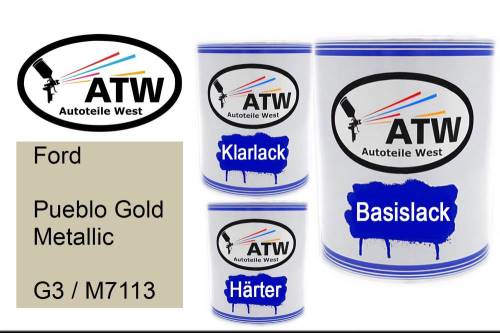 Ford, Pueblo Gold Metallic, G3 / M7113: 1L Lackdose + 1L Klarlack + 500ml Härter - Set, von ATW Autoteile West.
